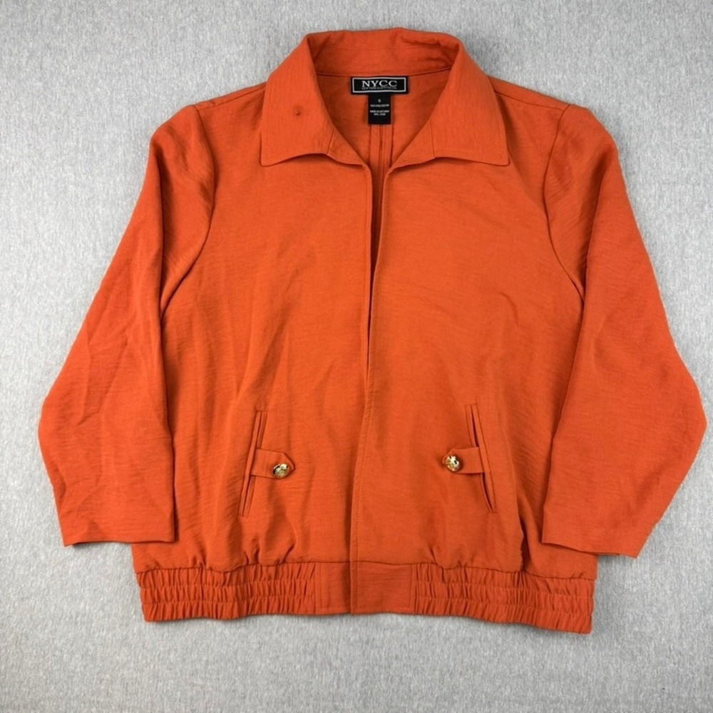NYCC Bomber Jacket Womens Small Orange Good 3/4 Sleeve Gold Button Open Front